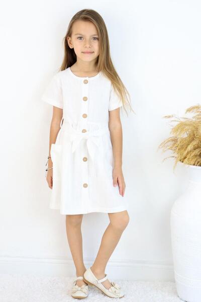 Breeze Κοριτσίστικο λινό φόρεμα με κουμπιά και πλαϊνές τσέπες 6-12 ετών, εκρού