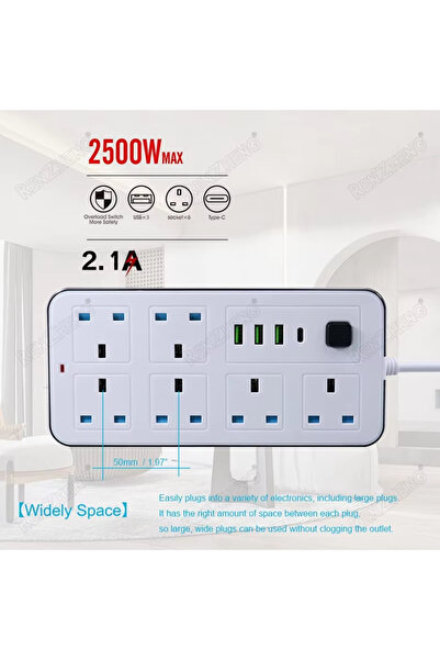 powermax وصلة طاقة 10 في 1 بقدرة 2500 وات مع 6 منافذ تيار متردد، 3 منافذ USB + 1 منفذ PD Type-C، سلك بطول 5 أمتار، أبيض