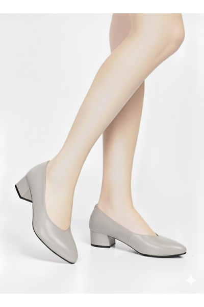 Crista Hakiki Deri Gri Alçak Topuklu Klasik Hostes Ayakkabısı
