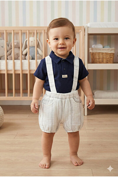 Mini Baray Baby Boy Shirt, T-Shirt and Suspender Shorts 3-Piece Set (9-12-18-24 Months)