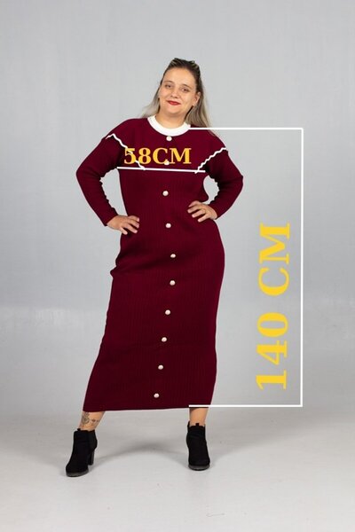 Truva XXL Baby Collar Knitwear Dress Stylish and Comfortable Plus Size Burgundy Knitwear Dress