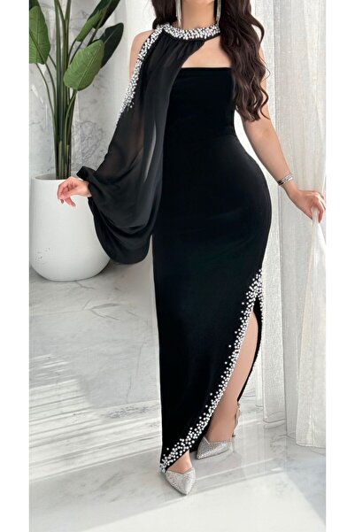 Opera Fashion فستان سهرة أسود مخمل بتطريز لؤلؤ ولمسة فاخرة
