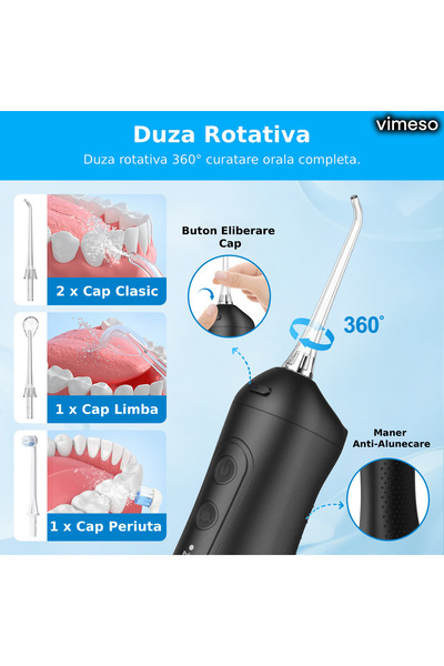 Vimeso Portable Oral Irrigator, 1600 rpm, 4 Programs, 300ml Reservoir, 4 Nozzles Included, Black