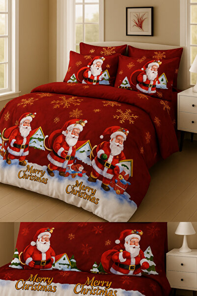 Casa Pucioasa Christmas Bed Linen 6 Pieces - Red Santa Claus, Fine Cotton -