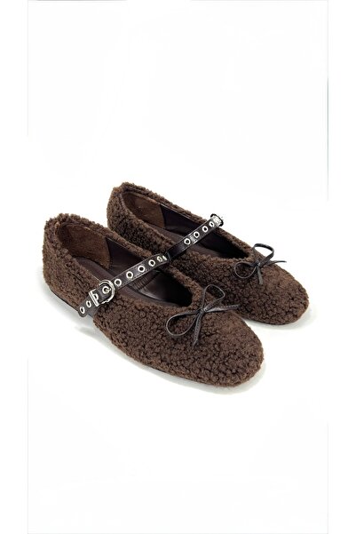 livendi HELSİNKİ Kadın Kahve Tokalı Fiyonklu Peluş Mary Jane Babet Düz Taban ...