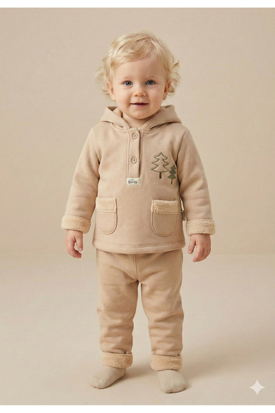 Mini Baray Baby Boy Pine Tree Embroidered Hooded Kangaroo Top and Bottom Set ...