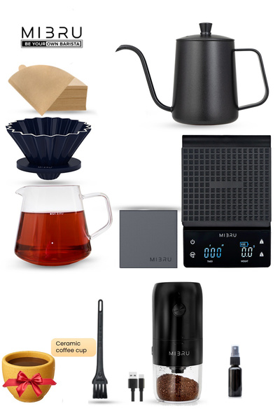 MIBRU V60 Coffee Pour Over 09 Set Includ Filter & Premium Accessories With Electric Grinder, Coffee Maker