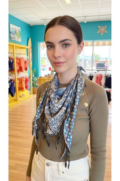 Gönülden Tasarım Çift Taraflı Desenli Püskülü Kadın Fular Şal 155X55 Cm