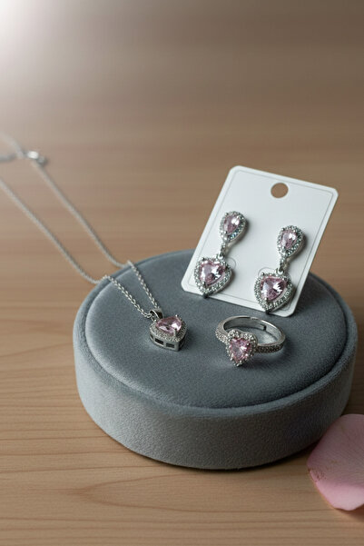 Birmem Kadın Gümüş Rengi Prenses Model Pembe Kristal Kalp Çelik Kolye, Küpe, Yüzük Takı Seti