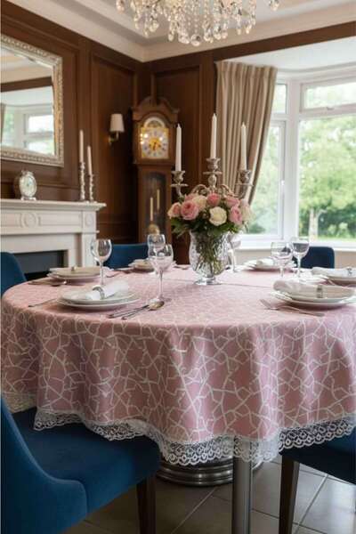 Rona Home Luxury Pink Round Tablecloth Guipure Lace Jacquard Trend Home Textile Elegant Modern Dowry Cloth