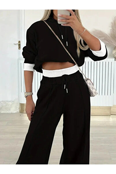 ALPACO Women's long sleeve hooded viscose two-thread blouse and pants two-piece set