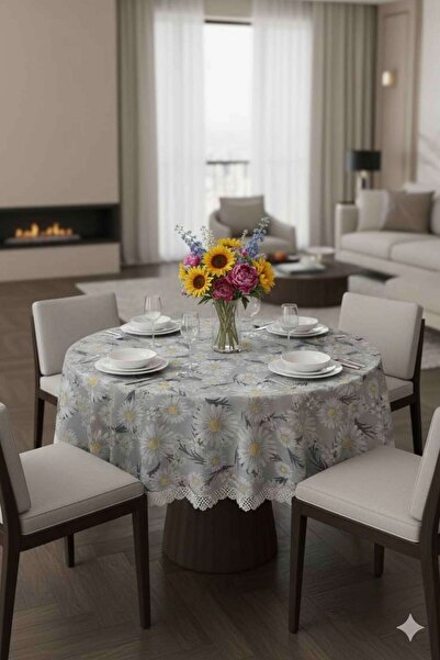 Rona Home Luxury Gray Daisy Round Tablecloth Stylish Design Dowry Decorative Coffee Table Tablecloth