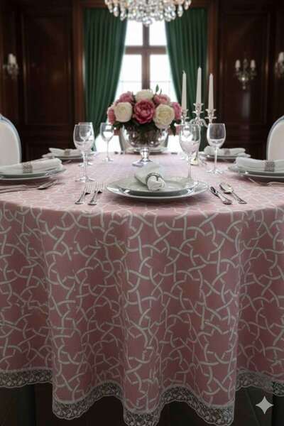Rona Home Luxury Pink Round Tablecloth Guipure Lace Jacquard Trend Home Textile Elegant Modern Dowry Cloth