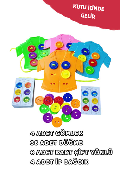 BubbyPlay 52 Parça Montessori Gömlek Düğme Dikme İpe Dizme Eğitici Zeka Oyuncağı Okul Öncesi İnce Motor Beceri