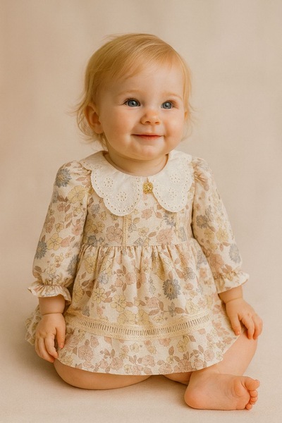 MixMax Bebe فستان أطفال بناتي بأكمام طويلة مزين بالزهور وأزرار على شكل قمر ذهبي