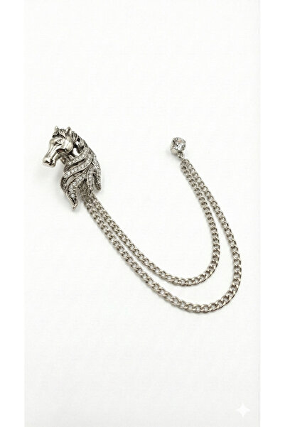 BLC Basic Line Co. At Figürlü Gümüş Gri Renginde Metal Taşlı Ceket Yaka Iğnes...