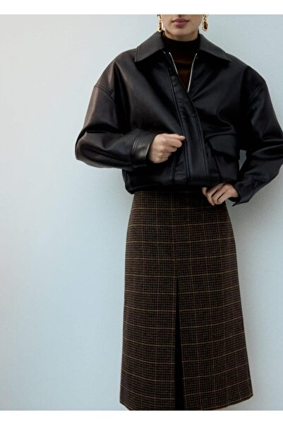 MANGO Woman Yün karışımlı kareli midi etek