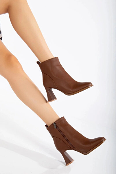 Miss Mitto Kadın Taba Suni Deri Cilt  Köşeli Küt Burunlu Kalın Topuklu Rahat Bot