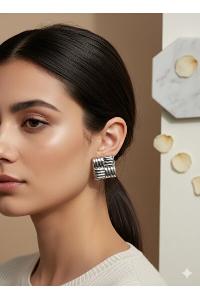 staınless steel Square Detailed Steel Earrings (Silver)