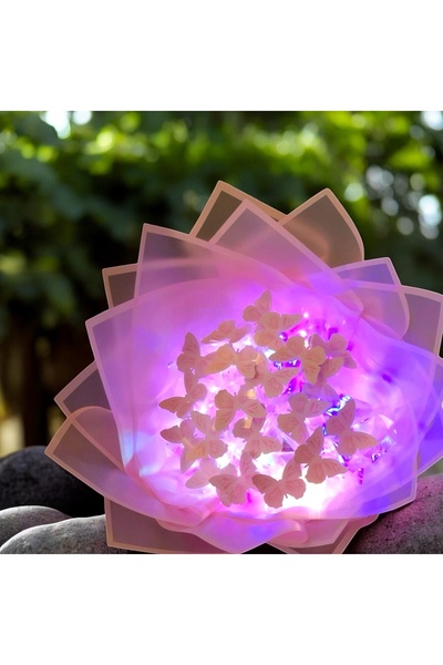 exzone Led Işıklı Pembe Kelebek Buketi Pembe Ambalajlı, Dekoratif Konsept Hed...