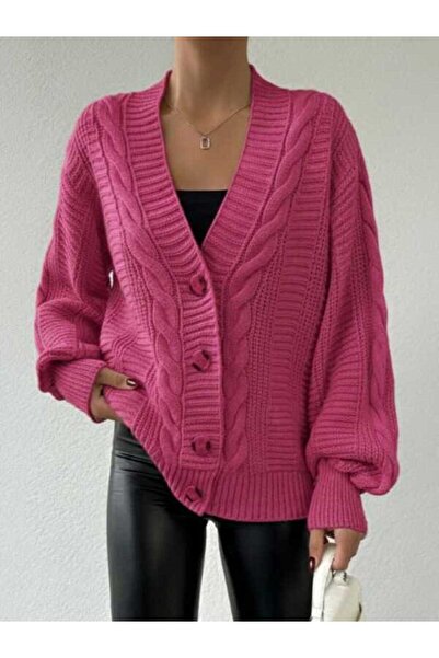SEVİM TRİKO Kadın Pembe Renk Saç Örgü Oversize Triko Hırka