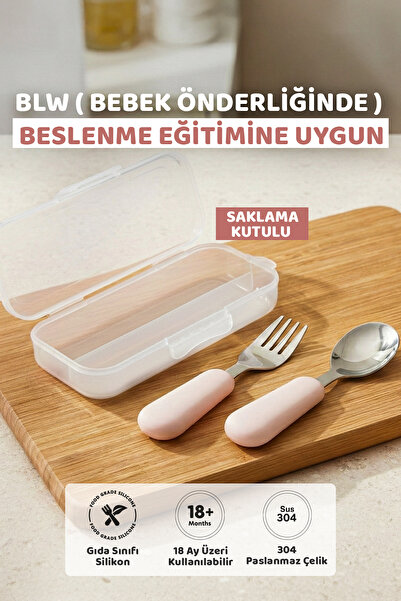 Guqqo Silikon Saplı Paslanmaz Çelik Çatal Kaşık Seti, 18+ Ay, Pembe