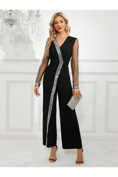 Moda Ebrar Γυναικεία φόρμα MDB με μακρύ λαιμόκοψη σε σχήμα V με λεπτομέρεια από παγιέτες από τούλι, μακριά εισαγόμενη φόρμα από κρεπ