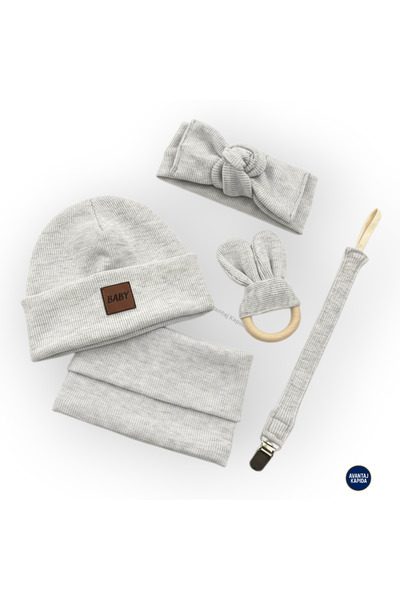 Mustran مجموعة أطفال عضوية مكونة من 5 قطع للجنسين، قبعة، طوق للرقبة، باندانا، حزام للهاية، مداعب للأسنان، هدية للأطفال من عمر 3 إلى 18 شهرًا