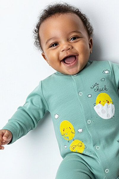 Noone Su Yeşili Civciv Desenli Bebek Tulum - Uzun Kollu Ayaklı Yumuşak Penye ...