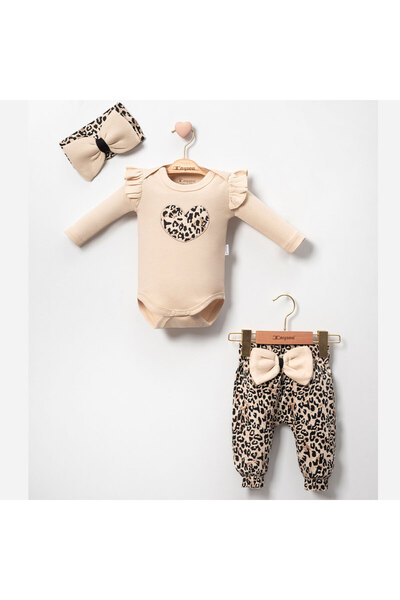 MixMax Bebe Baby Girl Leopard Bandana Bodysuit with Heart Ribbon Detail 3-Piece Baby Set