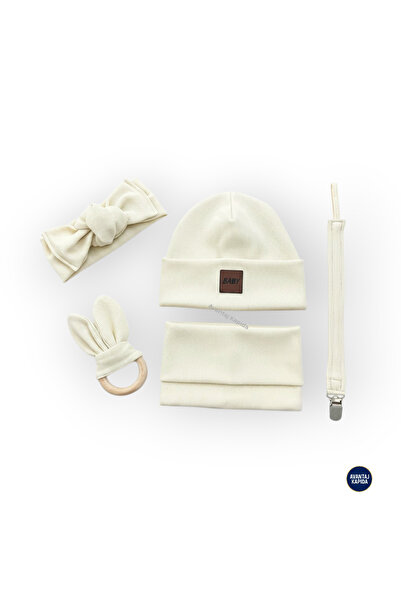 Mustran 5-Piece Unisex Baby Set Beanie Neck Collar Bandana Pacifier Strap Teether Teething Toy 3-18 Months Gift