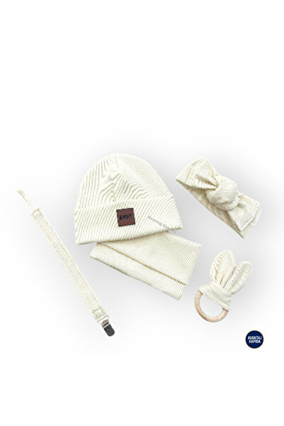 Mustran 5-Piece Unisex Baby Set Beanie Neck Collar Bandana Pacifier Strap Teether Teething Toy 3-18 Months Gift