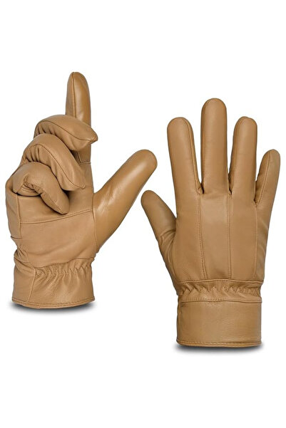 Harssidanzar Genuine lambskin leather gloves for men, synthetic fur, for touchscreen and driving, Camel, M