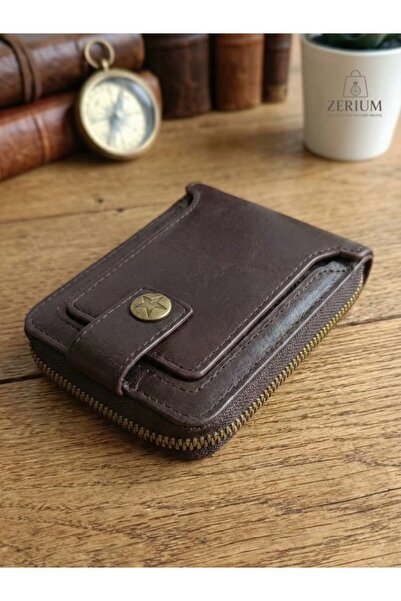 ZERİUM Retro Folded Zip Pocket Pu Leather Men's Wallet Card Holder Model
