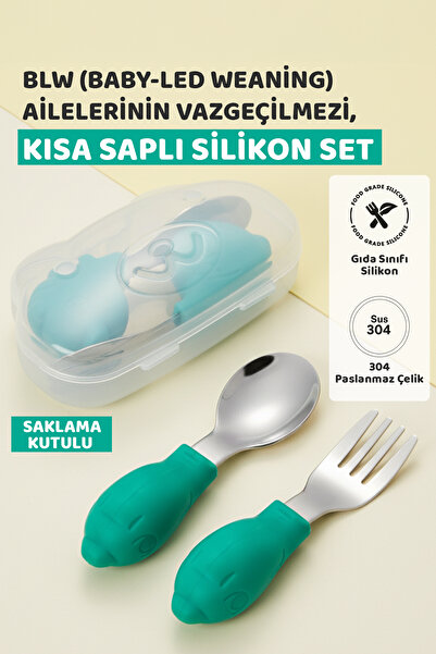 Guqqo Bebek Silikon Saplı Çelik Kaşık Çatal Seti, BLW, Balık Desen, Taşıma Kutulu, Yeşil