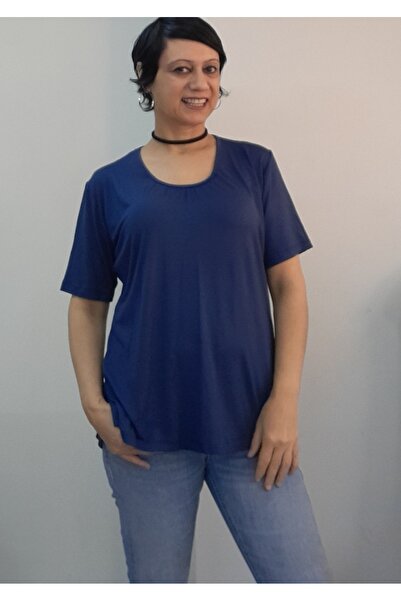 Mertcan Butik Tricou din vascoză din bumbac pieptănat bleumarin cu guler cu șnur