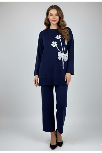 Dagü Design Women's Oversized Hijab Top and Bottom Two-Piece Navy Blue Knitwe...