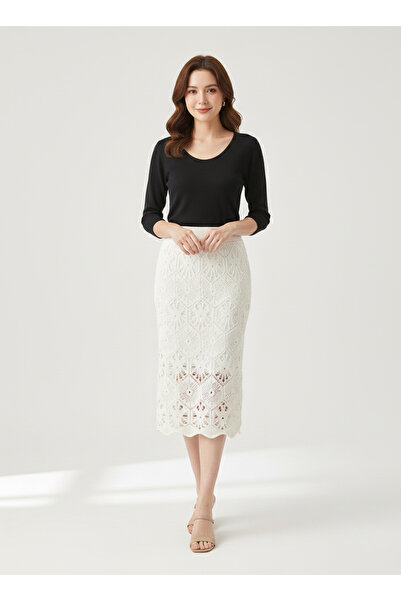 MODA Kadın Ekru Renk Ajurlu Örgü Triko Etek