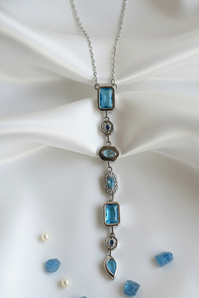 Birmem Kadın Mavi Zirkon Taşlı Geometrik Tasarım Çelik Y Kolye