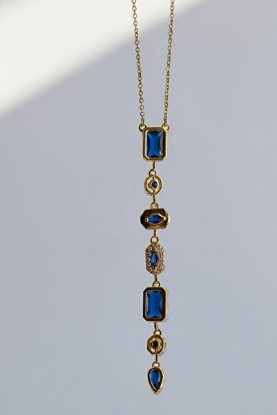 Birmem Kadın Safir Mavisi Zirkon Taşlı Geometrik Tasarım Altın Kaplama Çelik ...