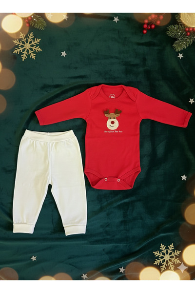Bond and Bestie New Year's Themed Red Deer Patterned Baby Romper First New Year Outfit Costume 2-Piece Baby Set