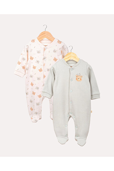 Hoogie 2'li Patikli Çıtçıtlı Teddy Desenli %100 Organik Pamuk Bebek Tulum Set...