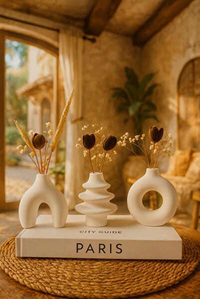 Zigzag Home Set de vaze decorative în stil boem, culoare albă, 3 bucăți, set de vaze cu inel, vază spirală, set de bibelouri