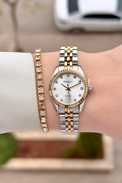 Ferrucci Sarı Silver Renk 24 Ay Garantili 24 Mm OksitlenmezKadın Kol Saati ve...