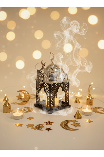 Living فانوس رمضان إسلامي أسود مع مبخرة فضية