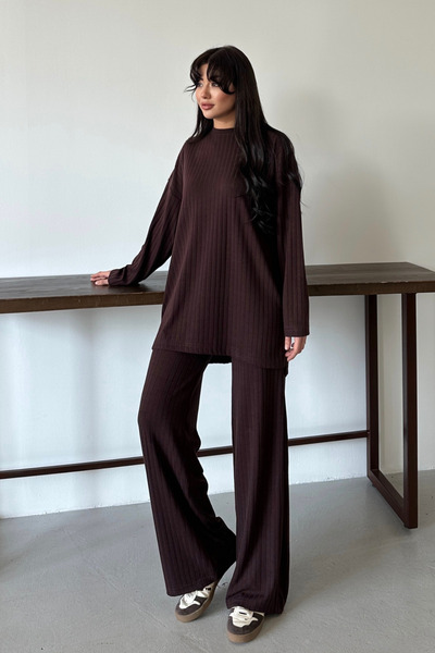 Mogi Butik Women's Knitwear Look Striped Crew Neck Hijab Tunic Set 3138