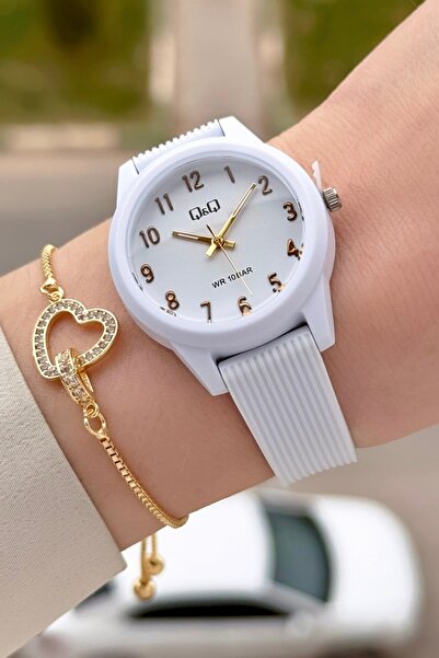 Q&Q Beyaz Renk Su Geçirmez 32 Mm Rakamlı Kadın Kol Saati ve Hediye Bileklik