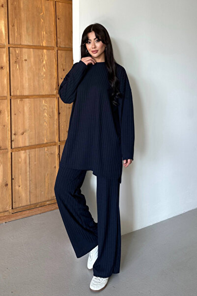 Mogi Butik Women's Knitwear Look Striped Crew Neck Hijab Tunic Set 3138