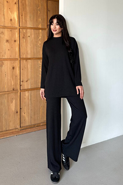 Mogi Butik Women's Knitwear Look Striped Crew Neck Hijab Tunic Set 3138