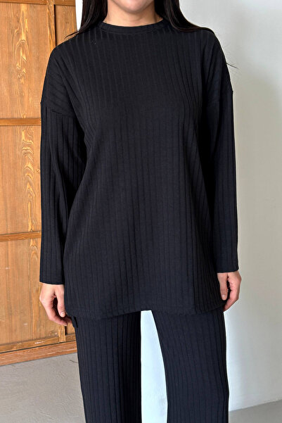 Mogi Butik Women's Knitwear Look Striped Crew Neck Hijab Tunic Set 3138